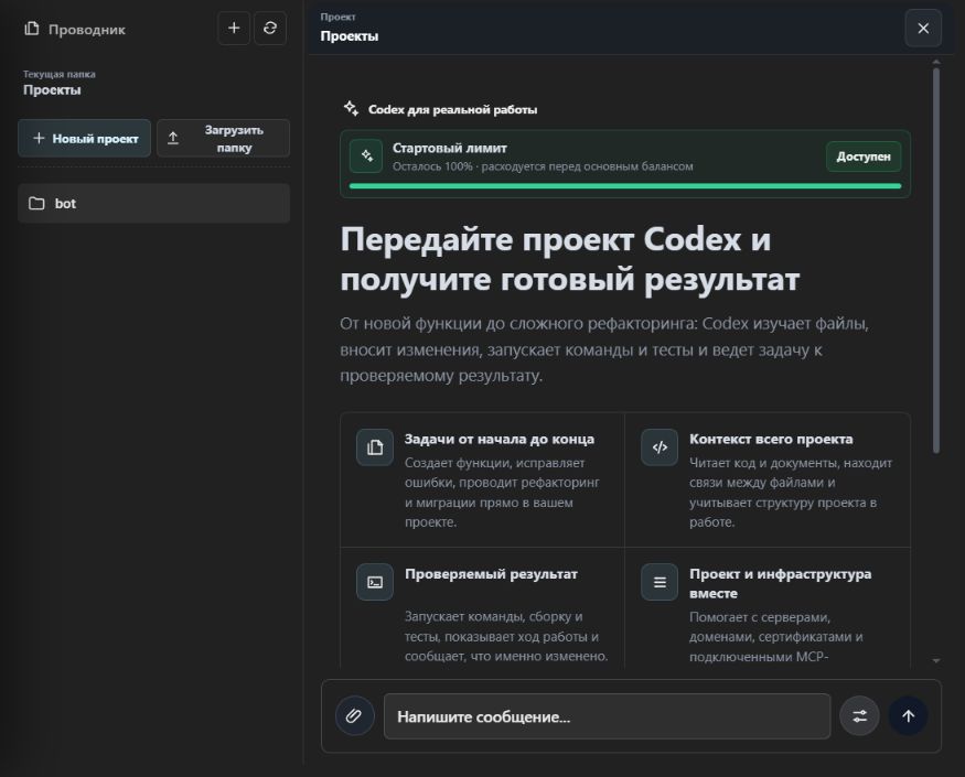 Авторизованный экран раздела Проекты в AI Assistant с файлами, Codex и возможностями инфраструктуры